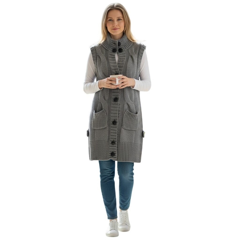Arden B Womens Gray Cable Knit Longline Button Front Wool Blend Vest Size M